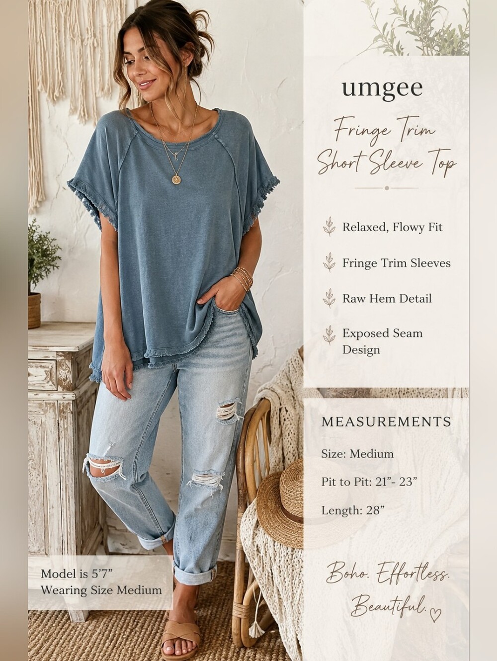 Umgee Medium Blue Gray Fringe Raw Hem Short Sleeve Boho Tunic Top Cotton Linen